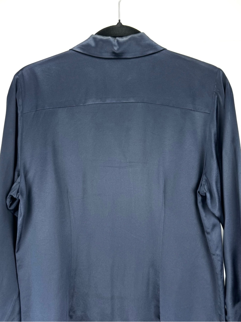 100% Silk Navy Blue Button-Front Long Sleeve Blouse - Picture 11 of 16